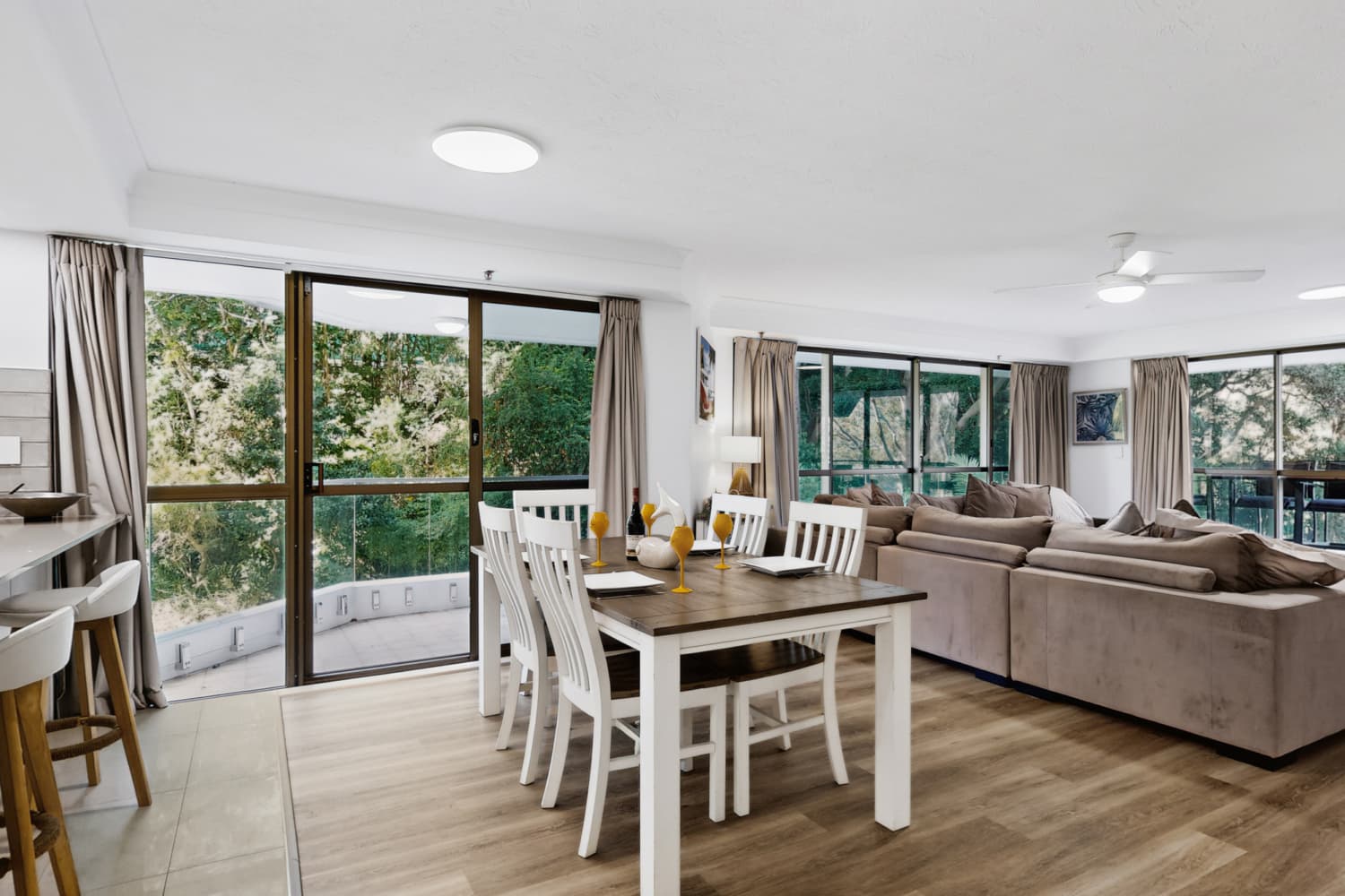 Spacious Dining area with garden views. Living area has Hinterland views and ocean views from the balcony