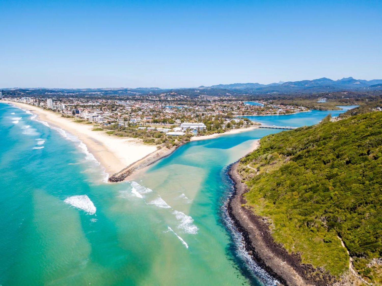 Tallebudgera Creek and Palm Beach overhead view from the Burleigh National Park