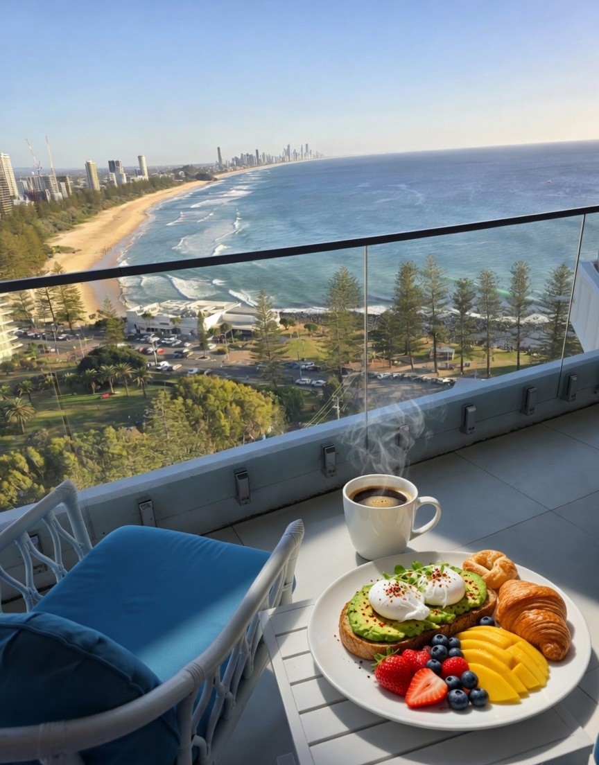 Iconic Ocean views in the Morning from the balcony of Burleigh Heads holiday accommodation